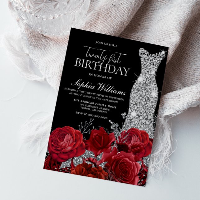 Röd ros Diamond Gown Black 21:a födelsedagen Party Inbjudningar (Skapare uppladdad)