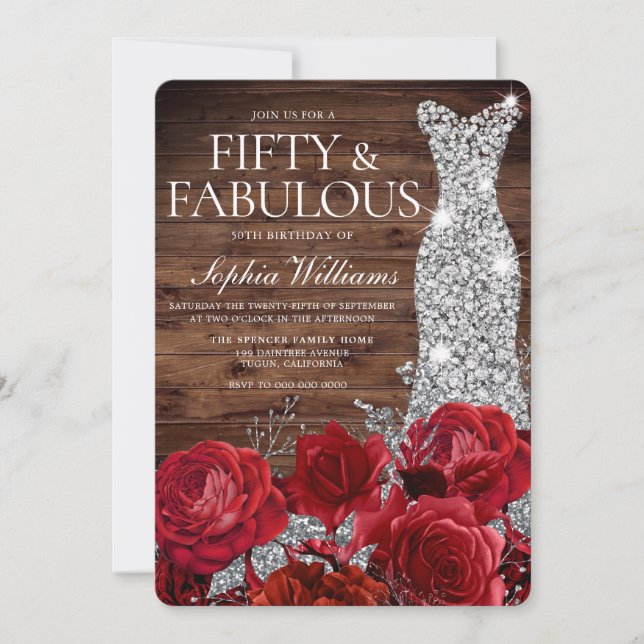 Röd ros Diamond Gown Rustic 50:e födelsedagen Inbjudningar (Framsida)