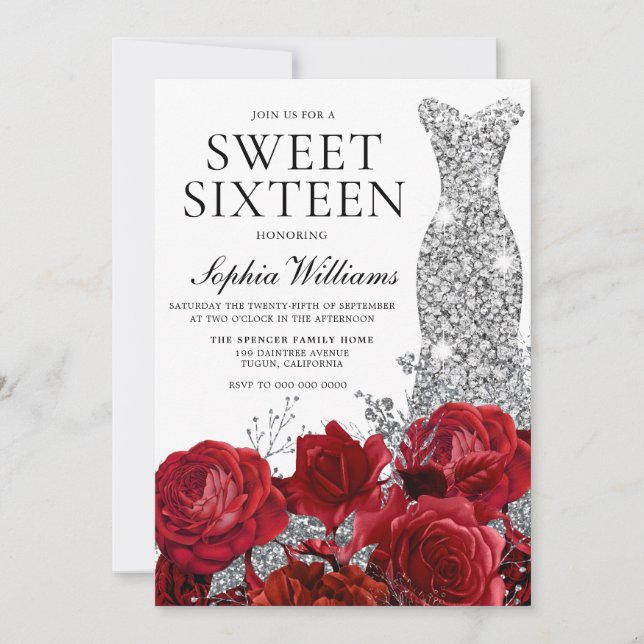 Röd ros Diamond Gown Sweet 16 Födelsedagsfest Inbjudningar (Framsida)
