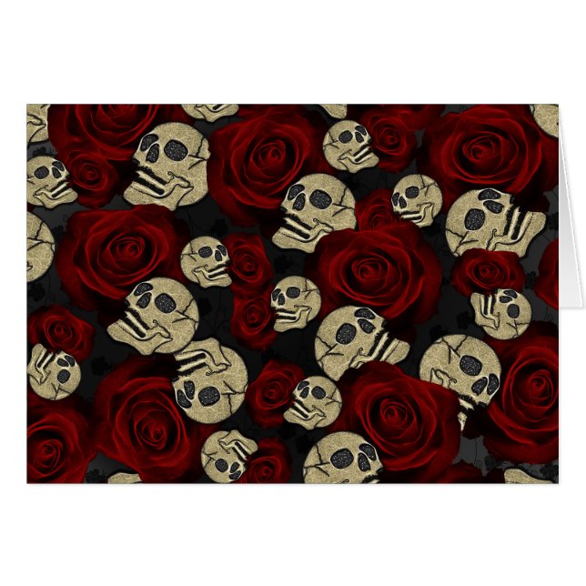 Röd ros & Döskallar Black Blommigt Gothic Tack OBS Kort (Framsidan Horizontal)