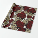 Röd ros & Döskallar Black Blommigt Gothic White Presentpapper<br><div class="desc">papper radbrytning av anpassningsbar</div>