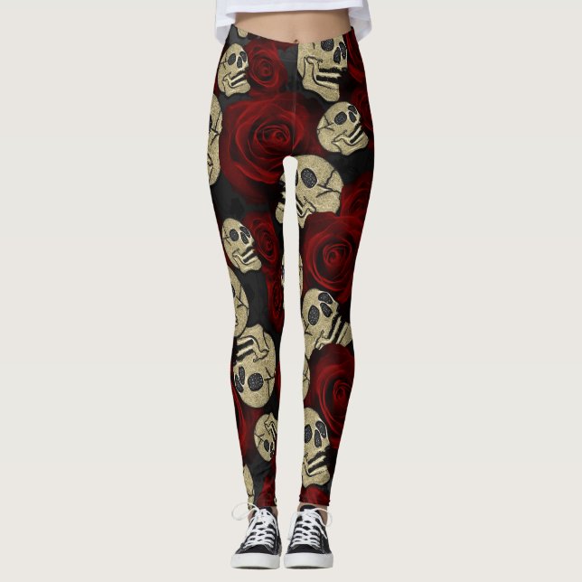 Röd ros & Döskallar Grått Black Blommigt Gothic Leggings (Framsida)