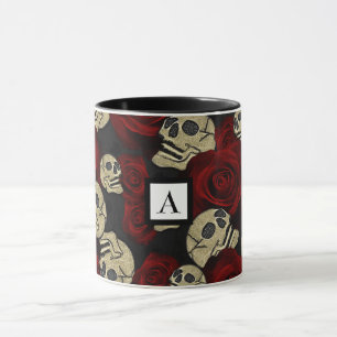 Röd ros & Döskallar Grått Black Blommigt Gothic Mugg