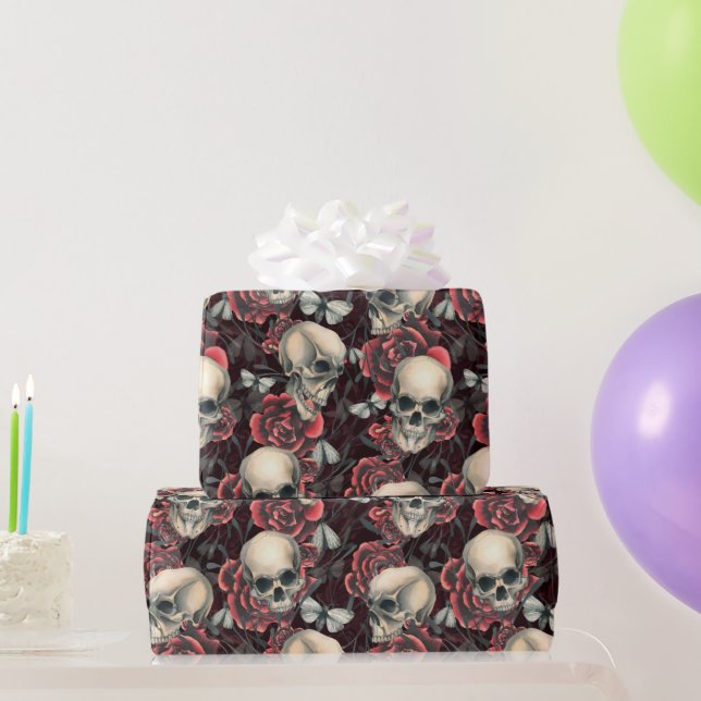 Röd ros & Döskallar Spooky Halloween Mönster Presentpapper (Festgåvor)