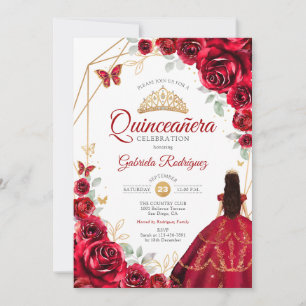 Röd ros Dress Guld White Quinceanera Inbjudningar