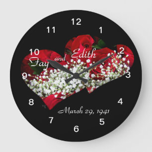 Röd ros & Dubbla Hearts Clock- anpassa Stor Klocka