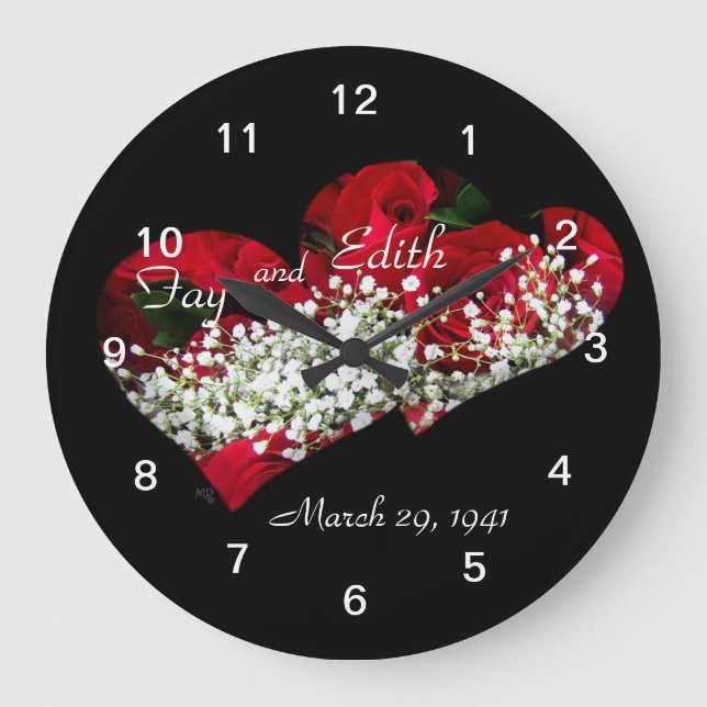Röd ros & Dubbla Hearts Clock- anpassa Stor Klocka (Framsida)