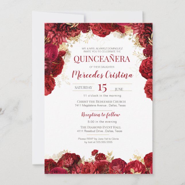 Röd ros Elegant Blommigt Quinceanera Inbjudningar (Framsida)