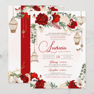 Röd ros Elegant Botaniskt fjäril Quinceañera Inbjudningar