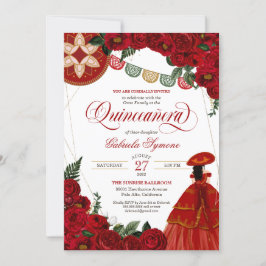 Röd ros Elegant Charra/Mariachi Dress Quinceañera Inbjudningar