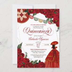 Röd ros Elegant Charra/Mariachi Dress Quinceañera Inbjudningar