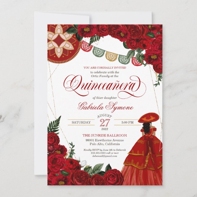 Röd ros Elegant Charra/Mariachi Dress Quinceañera Inbjudningar (Framsida)