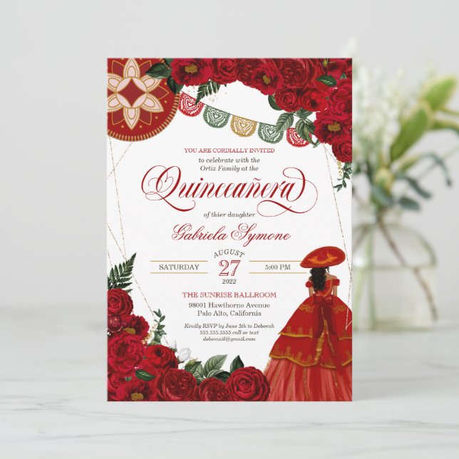 Röd ros Elegant Charra/Mariachi Dress Quinceañera Inbjudningar (Stående Fram)