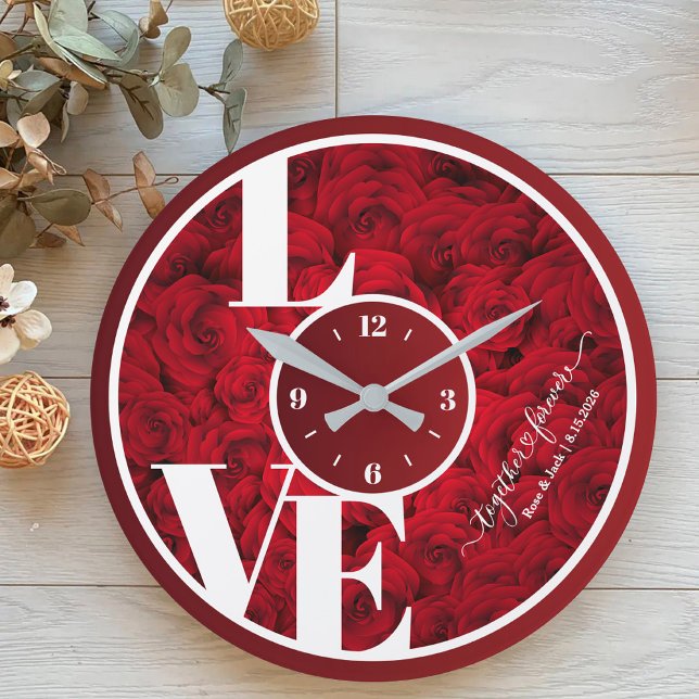 Röd ros Elegant Kärlek Typografi par Valentine Stor Klocka (Skapare uppladdad)
