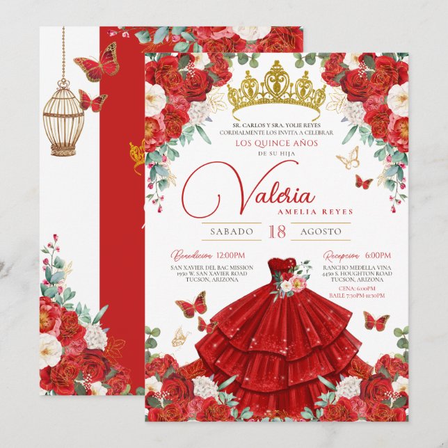 Röd ros Elegant Princess Butterfly Quinceañera Inbjudningar (Fram/baksida)