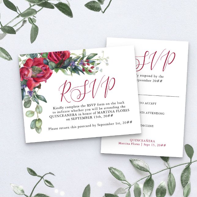 Röd ros Elegant Quinceanera förklädd OSA Vykort (RSVP Postcard from my Rose and Eucalyptus Quinceanera collection)