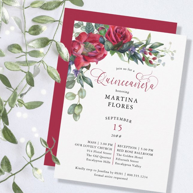 Röd ros Eucalyptus Elegant Mass och Quinceanera Inbjudningar (Skapare uppladdad)