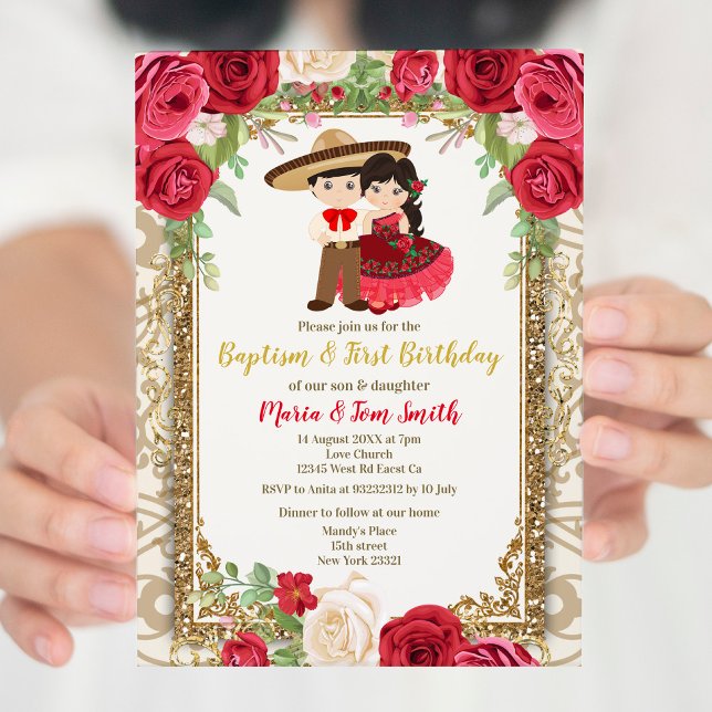 Röd ros Fiesta Birthday och Baptism för tvilling Inbjudningar (Skapare uppladdad)