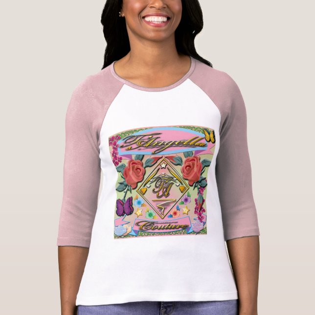Röd ros fjärilar, blommor 3/4 sleeveRaglan T Shirt (Framsida)