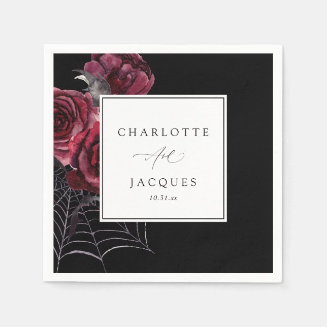 Röd ros & Fladdermus Halloween Bröllop-Black Pappersservett (Framsidan)
