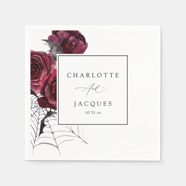 Röd ros & Fladdermus Halloween Bröllop-White Pappersservett (Framsidan)