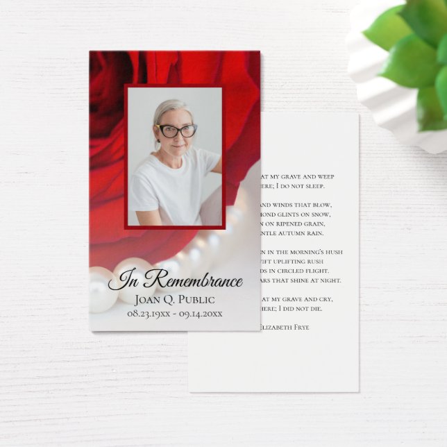 Röd ros Flower and Pearls Funeral Memorial Prayer Visitkort (Skivbord)