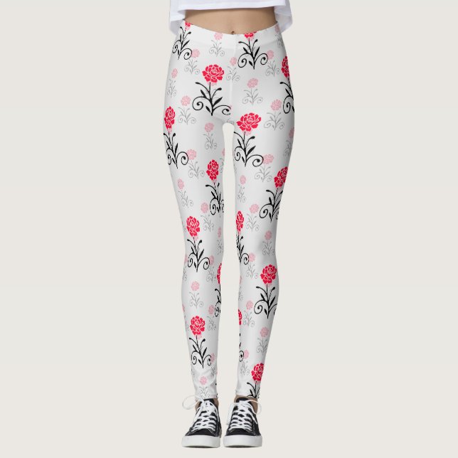 Röd ros Flower Stalk Mönster Design Leggings (Framsida)