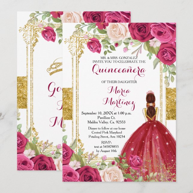 Röd ros Flowers Guld Quinceanera-inbjudan Inbjudningar (Fram/baksida)