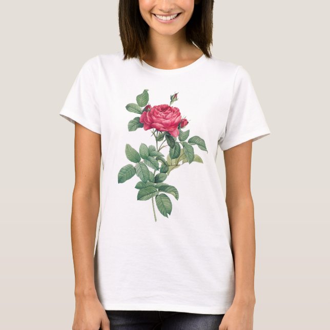 Röd ros Flowers med Grönt Löv T Shirt (Framsida)