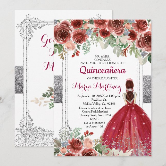röd ros Flowers Silver Quinceanera-inbjudan Inbjudningar (Fram/baksida)