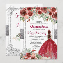 röd ros Flowers Silver Quinceanera-inbjudan