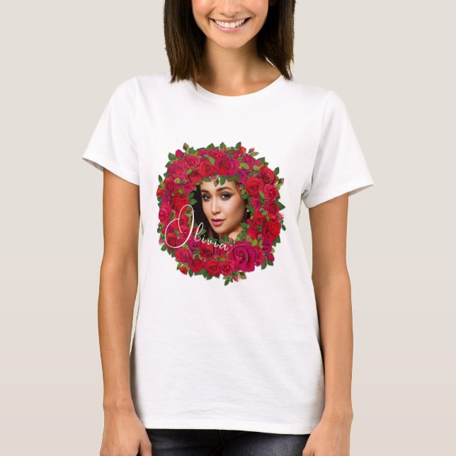 Röd Ros Foto Design Med Anpassad Text T Shirt (Framsida)