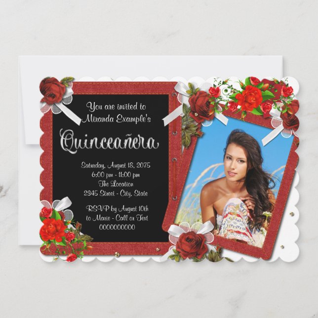 Röd Ros Foto Quinceanera Inbjudningar (Framsida)