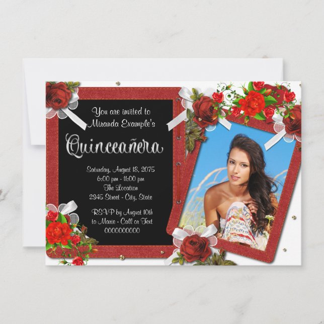 Röd Ros Foto Quinceanera Inbjudningar (Framsida)