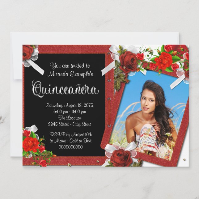 Röd Ros Foto Quinceanera Inbjudningar (Framsida)