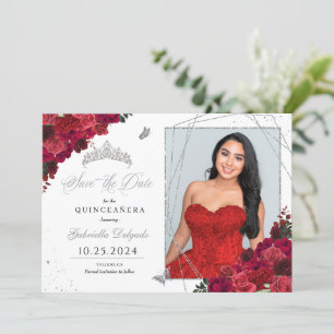 Röd ros fotokort Quinceañera Spara datum Inbjudningar