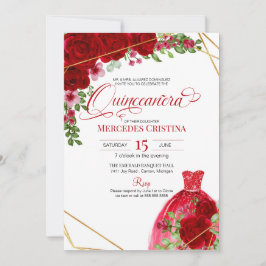 Röd ros & Glitter Dress Glamous Quinceañera Inbjudningar