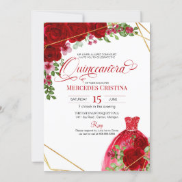 Röd ros & Glitter Dress Glamous Quinceañera Inbjudningar