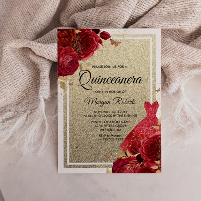 Röd ros Gnistra Dress Glitter Quinceanera Inbjudningar (Skapare uppladdad)