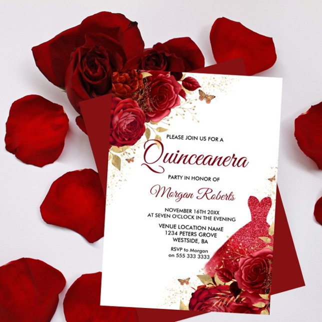 Röd ros Gnistra Dress Quinceanera Inbjudningar (Skapare uppladdad)