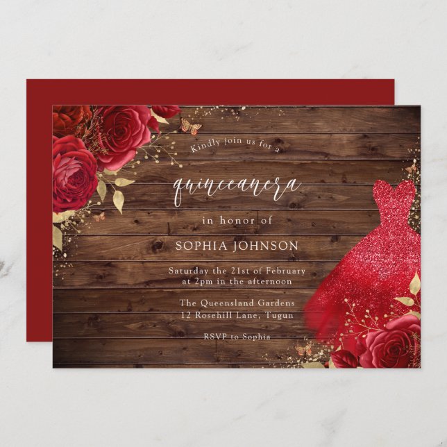 Röd ros Gnistra Dress Rustic Quinceanera Party Inbjudningar (Fram/baksida)