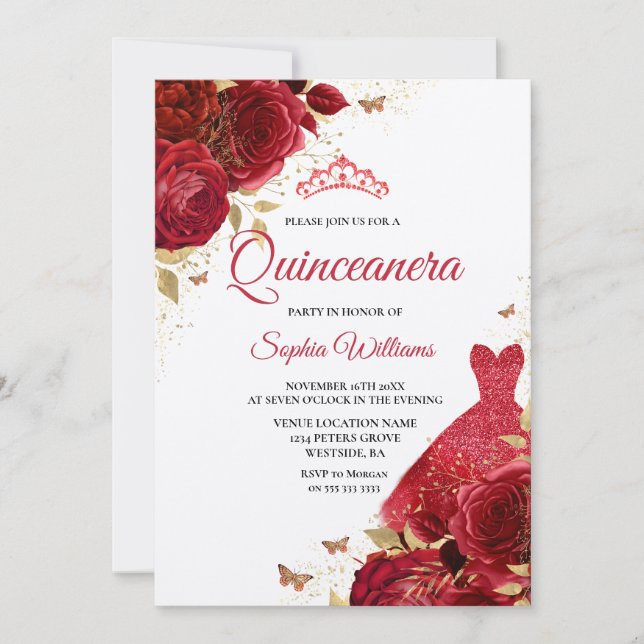Röd ros Gnistra Dress Shimmer Quinceanera Party Inbjudningar (Framsida)