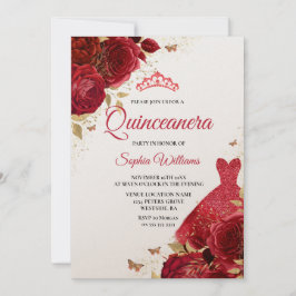 Röd ros Gnistra Dress Shimmer Quinceanera Party Inbjudningar