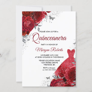 Röd ros Gnistra Dress Silver Quinceanera Inbjudningar