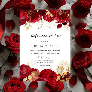 Röd ros Golden löv Quinceanera Party Inbjudningar