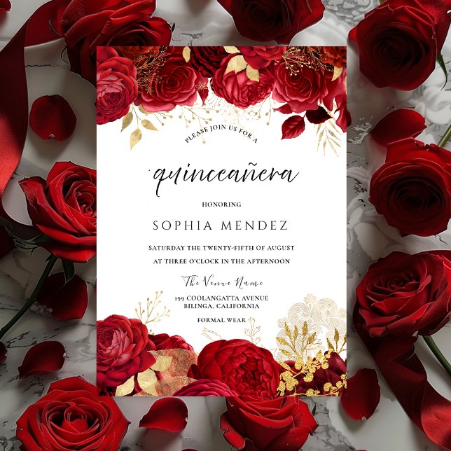 Röd ros Golden löv Quinceanera Party Inbjudningar (Skapare uppladdad)