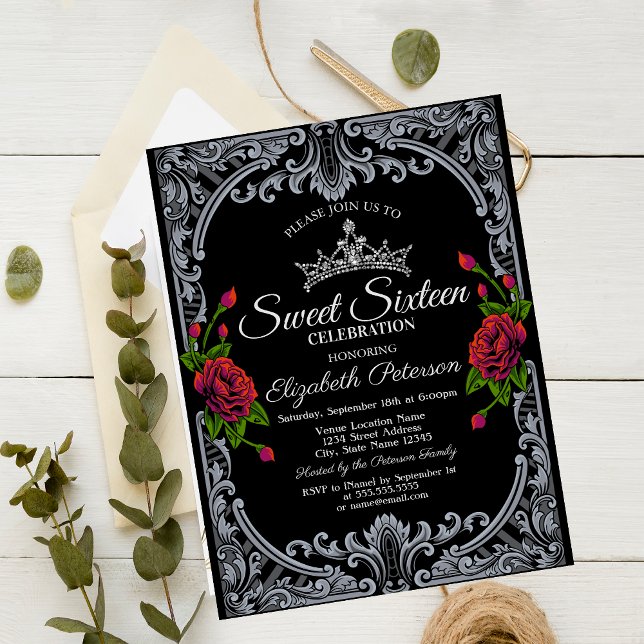 Röd ros Gothic Black Rand Sweet 16 Inbjudningar (Skapare uppladdad)