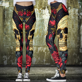 Röd ros Gothic Skull Halloween Yoga Leggings