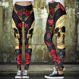 Röd ros Gothic Skull Halloween Yoga Leggings