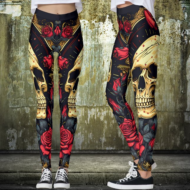 Röd ros Gothic Skull Halloween Yoga Leggings (Tattoo Skull and Roses Yoga Leggings Set the Mood for Halloween or any time of year.)